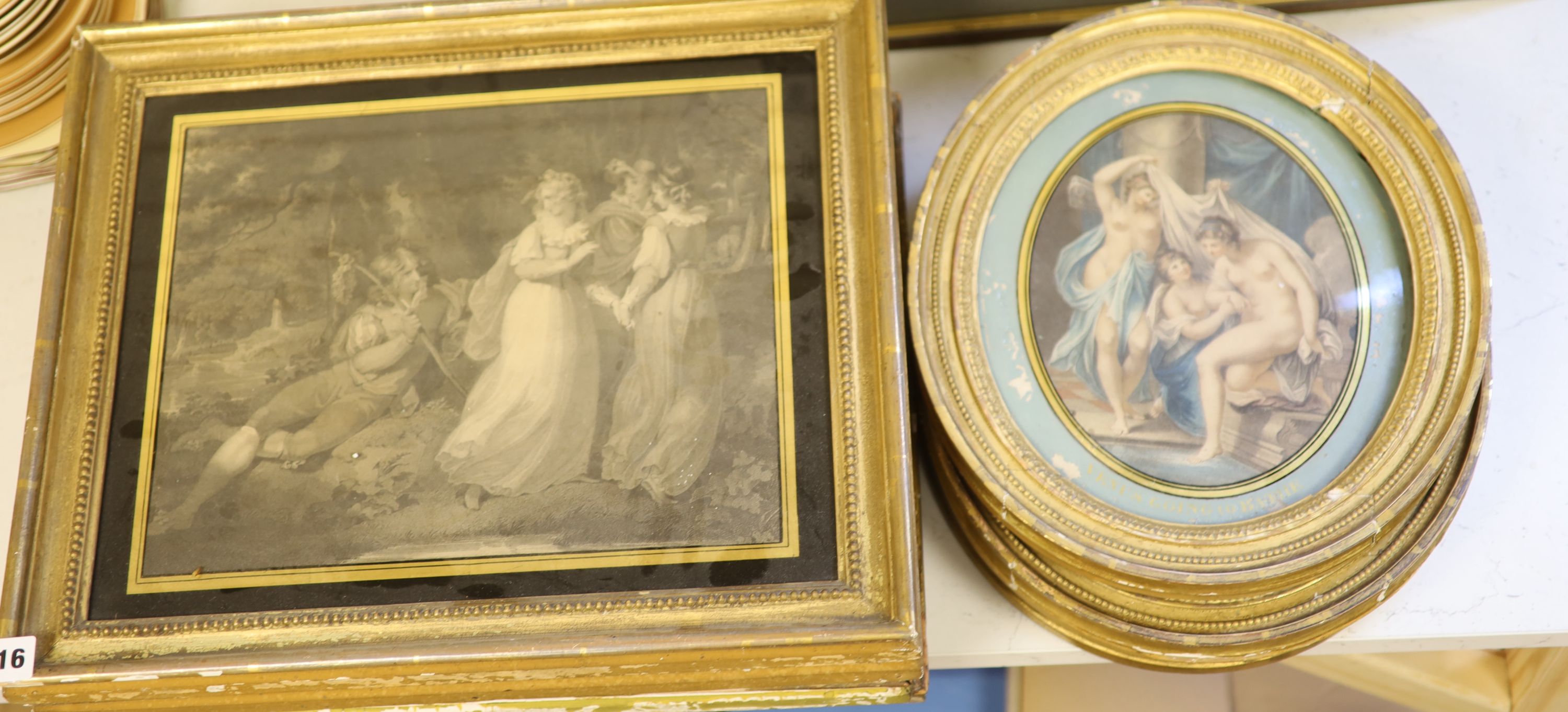 After Cipriani, pair of eglomise framed engravings, Venus and her Bath, another oval framed engraving and two pairs of rectangular engravings